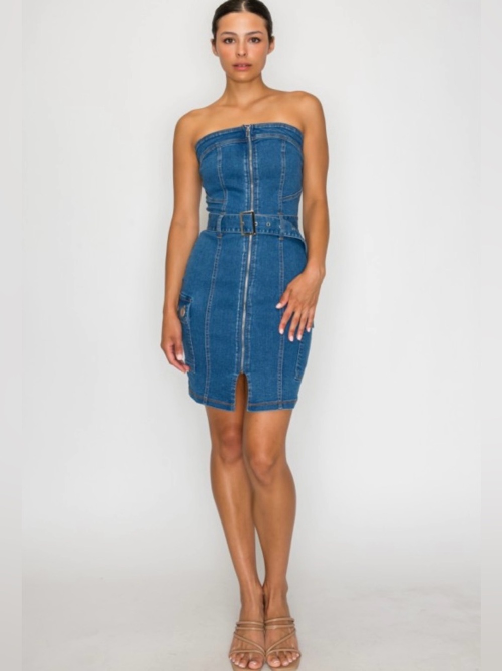 Strapless Belted Denim Dress in Blue